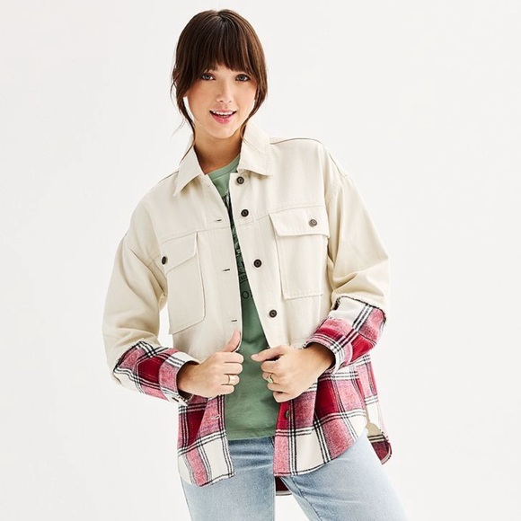 SO Oversized Mixed Media Denim & Flannel Shacket Red & Cream Size S M L XL NWT - Picture 1 of 4